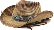 [YYUIXYJT] Hollowed Handmade Cowboy Straw Hat Women Men Summer Outdoor Travel Beach Hats Unisex Solid Western Sunshade Cap