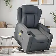 Power Lift Massage Recliner Chair for Elderly, Grey Faux Leather, 6-Point Vibration, Side Pocket & Cup Holders for Living Room