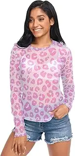 [RPLIFE] Pink Leopard Print Mesh Sleeves for Women, See Through Long Sleeve Tops for Women S-XXL