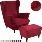 Stretch Velvet Wing Back Chair Cover With Storage Stool Cover Ottoman Slipcover