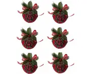 6Pcs Christmas Balls, Red Tartan Christmas Balls With Bow And Green Leaves - Christmas Tree Decoration, Party,