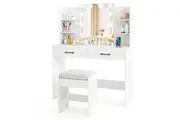 Costway Dressing Table & Stool Set w/LED Lighted Mirror & Charging Station Makeup Vanity Desk White
