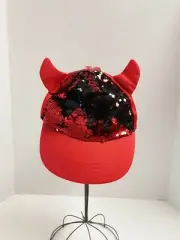 Icing Halloween Red Satin Devil Baseball Hat/Cap W/Flip Sequins Red & Black OSFM