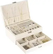 [Generic] Jewellery Box - Travel Jewellery Organiser - White 2-Layer Jewelry Box Case with Metal Clip Lockable Flip Top & Bottom Slide Drawer, Travel Jewellery Boxes Organisers with Multiple Slots Jewelry Boxes