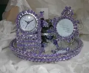 NEW 3 PC VANITY SET PURPLE LILAC JEWEL CRYSTAL QUARTZ CLOCK MIRROR & PHOTO FRAME