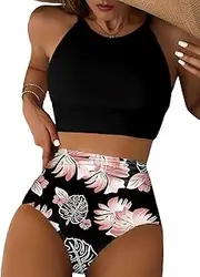 [Herseas] Women's Bikini Sets High Neck Tropical Leaf Print High Waisted Two Pieces Swimsuits Bathing Suits