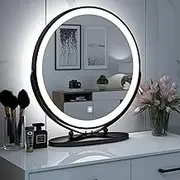 Round Vanity Mirror with Lights, Large Vanity Mirror with 3 Color Lighting Dimmable, Smart Touch Control, Touch Control, 2025 New 360°Rotation Round Desk Mirror, Easy to Assemble,40CM,Black