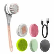 6 in 1 Rechargeable Electric Body Brush Shower Massage Exfoliating Scrubber Soft Silicone USB Wash Deep Cleaning Multifunctional Back Brush (Pink)