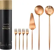 [KIIZYS] Matte Copper Serving Spoons and Forks Set of 7, Serving Utensils Set 11 inch, Cake Cutter, Salad Server, Pie Server Stainless Steel Flatware Tongs Tosser Kitchen Silverware Gift Box