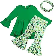 [Hillban] Toddler Girl Outfits Long Sleeves Ruffle Tunic Top Bell Bottom Pants Bow Headband for Little Kids