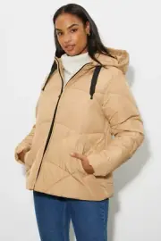 Dorothy Perkins Women's Short Padded Quilted Contrast Trim Coat Camel size M