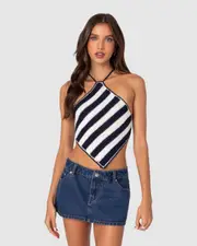 EDIKTED Womens Petra Open Back Crochet Triangle Top NAVY-AND-WHITE