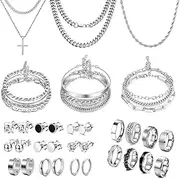 [FEYIR] 33 Pcs Silver Jewelry Set for Men Stainless Steel Band Ring Cuban Link Necklace Bracelet Hoop Stud Earrings Mens Jewelry Set