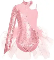 [Yihuimin] Kids Girls Sparkly Sequins Cutout Shoulder Ballet Dance Dress One Shoulder Leotard Tutu Skirts