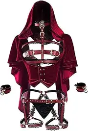 [MEOWCOS.COM] MEOWCOS Women's Lingerie Set Hooded Hollowed Open Chest Top and Panty set with Velvet Cloak Red