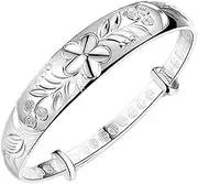 Cuff Bangle Chain Bracelets,925 Silver Bracelet Hand Carve Flower Vine Adjustable Cuff Bangle Friendship Bracelet Ladies Silver Jewellery Birthday Gifts for Sisters Friend Couples Mom