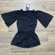 CHASER Womens Off The Shoulder Romper With Waist Tie Size Medium Black