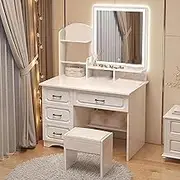 Make Up Vanity DeskVanity Set, with Mirror and Stool, Touch Screen Hd Mirror,Modern Bedroom Dressing Table with 4 Large Drawers for Kids Women Girls(White)