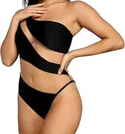 [Xiaojian] Women's One-piece Swimsuit Bikini Oblique Shoulder Swimsuit Solid Color Stitching One-shoulder Ladies Swimwear