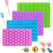 4 Pcs Gummy Molds, Mini Donut Mold Dessert, Reusable Gummy Candy Molds with 2 Droppers, Chocolate Cake Biscuit Non-Stick Candy Decorating Tools, ncluding Dinosaur, Bear Shape(Random Color)