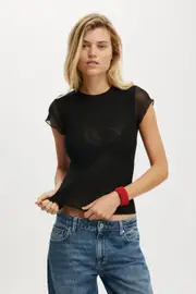 [Cotton On Women] Cotton On Women - Ashley Mesh Short Sleeve Top - Black S BLACK