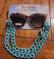 MAX STUDIO SUNGLASSES & CHAIN 100% UVA/UVB Protection TORTOISE Oversized Frames