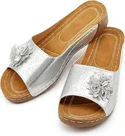 [Rungion] Womens Summer Beach Sandals Wedge Low Open Toe Slides Ladies Dressy Sandals Slipper Platform Comfortable Flower Sandals, Silver, 8