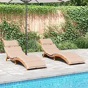 Acacia Wood Sun Loungers with Cushion, Beige Patio Recliner Lounge Chair for Outdoor, Lawn, Reclining Foldable Design