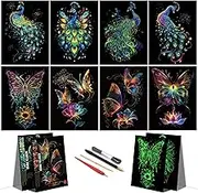 DESINIK Scratch Art for Adults –Glow in The Dark Scratch Rainbow Art Paper, Creative Rainbow Scratch Painting Kit, Stress Relief for Scratch Art Home/Office Décor (Butterfly&Peacock)