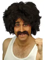 118 118 Retro Wig + Tash Brown 80s Adults Fancy Dress Mens Kit Brown