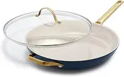 GreenPan Reserve Hard Anodized Healthy Ceramic Nonstick 12" Frying Pan Skillet with Helper Handle and Lid, Gold Handle, PFAS-Free, Dishwasher Safe, Oven Safe, Twilight Blue