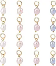 [PH PandaHall] 16pcs 4 Colors Natural Pearl Charms, 13mm Freshwater Pearl Beads Pearl Pendants Round Pearl Pendants with With 14k Gold Plated Brass loop for Jewelry Bracelet Necklace Earring Making,