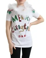 Dolce & Gabbana Cotton Christmas Sequin Fur T-shirt Women White Tops