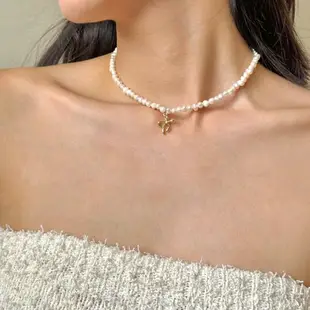 Necklace Pearl Petite • Handmade Gold Pearl Chain • Tiny Bow Ribbon Pendant