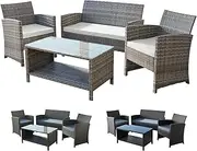 ALFORDSON 4pcs Outdoor Patio Furniture Garden Sofa, PE Rattan Lounge Chair and Glass Coffee Table 4 Pieces Setting, UV-Resistant Conversation Set with Steel Frame & Seat Cushions, Light Grey