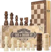 Auloves 40cm Magnetic Chess & Checkers Set Pine Wooden Timber Folding Board - 2 in 1 Game - 2 Players - Ages 6+