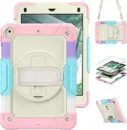 SLLMYYX for iPad 6th/5th Generation Case 9.7 inch 2018/2017 - Shockproof Cover with Screen Protector, Stand, Hand Strap, Shoulder Strap, Rainbow Pink