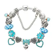 Pandora Inspired Full Set Beaded Charm Bracelet - Silver/Blue