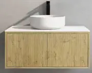 Coastal Oak Wall Hung Vanity-900mm w/Blanc White Stone Top & Matt White Basin-RH