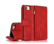 For iPhone 7/8/SE2/SE3 Case, Leather Zipper Purse Flip Cover Case with Card Slot Holder Wrist Strap Lanyard (Red)