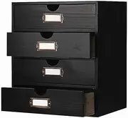 PACKGILO Wooden Storage Box Rustic Desktop Organizer with 4 Drawers Office Desk Accessories Shelf Large Craft Storage Containers Apothecary Cabinet and Chest Jewelry Holder for women(BLACK)