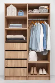 Malmo Three Shelf/Four Drawer Walk In Wardrobe - Slim Shaker - Natural Oak