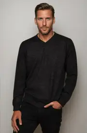 Ansett Charcoal Grey Fine Weight Merino Wool V Neck Jumper