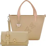 [butterflies] Women Hand Bag With Wallet Combo (Cream,Peach) (BNS WB0733) (Set of 2), Cream,Peach, Cream,peach, Handbag