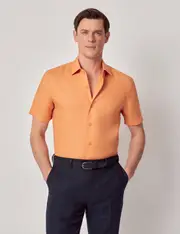 Hawes & Curtis Orange Pure Linen Slim Short Sleeve Shirt | One Piece Collar Size: Small