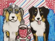 Mini Aussie Drinking Coffee Art Print 5 x 7 Australian Shepherd Collectible Dog