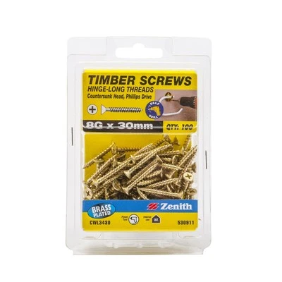 Zenith 8G x 30mm Brass Plated Hinge-Long Thread Head Timber Screws - 100 Pack