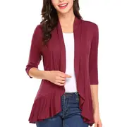 Nevenka Women's Open Front Cardigan 3/4 Sleeve Draped Ruffles Soft Knit Sweaters-Wine Red-8012