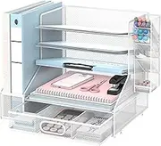 SUPEASY Desk Organizer with File Holder, 5-Tier Mesh Paper Letter Tray and 3 Tilted File Sorter for Office Supplies, White