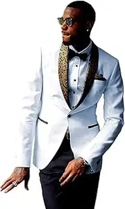 [Profan] Man Suit Premium Formal Jacquard Gold Paisley Floral Pattern Shawl Lapel Slim Fit Tuxedo Prom Wedding Groom Suits(White,56)